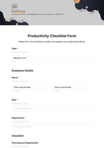 Free Productivity Checklist Form Template to Edit Online