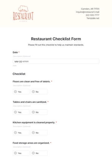 Free Restaurant Checklist Form Template to Edit Online