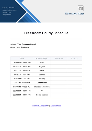 Free Classroom Hourly Schedule Template to Edit Online