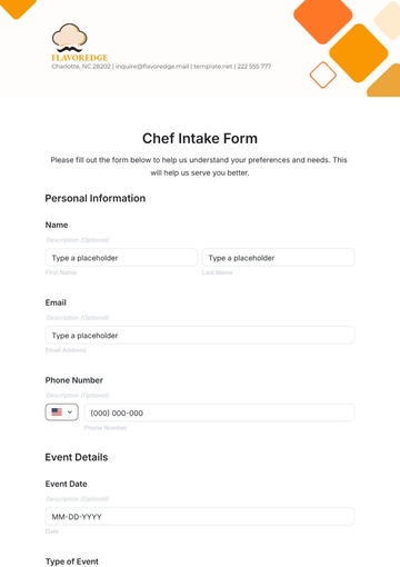 Free Chef Intake Form Template to Edit Online