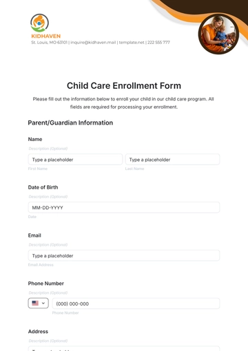 Free Child Care Enrollment Form Template to Edit Online