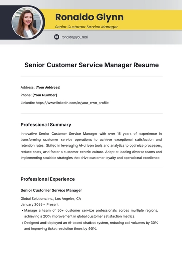 Free Senior Customer Service Manager Resume Template to Edit Online
