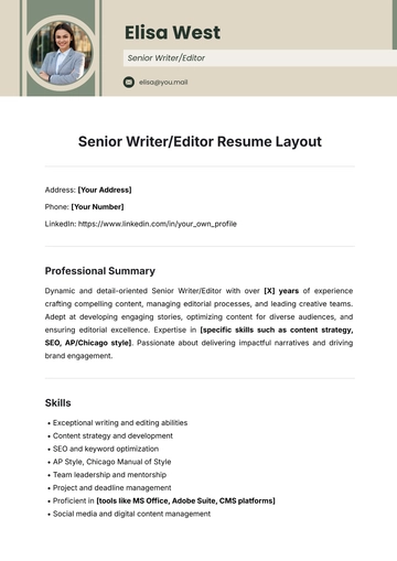Free Senior Writer/Editor Resume Layout Template to Edit Online