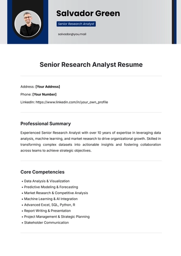 Free Senior Research Analyst Resume Template to Edit Online