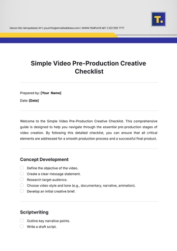 Free Simple Video Pre-Production  Creative Checklist Template to Edit Online