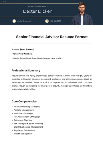 Free Senior Financial Advisor Resume Format Template to Edit Online
