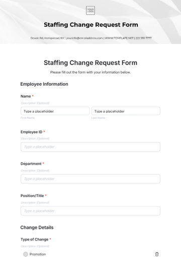 Free Staffing Change Request Form Template to Edit Online Free Staffing Change Request Form Template to Edit Online