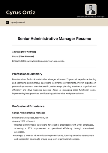 Free Senior Administrative Manager Resume Template to Edit Online