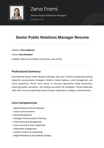 Free Senior Public Relations Manager Resume Template to Edit Online