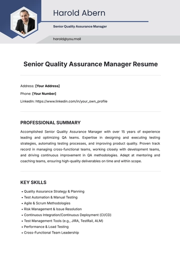 Free Senior Quality Assurance Manager Resume Template to Edit Online