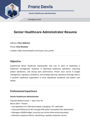 Free Senior Healthcare Administrator Resume Template to Edit Online