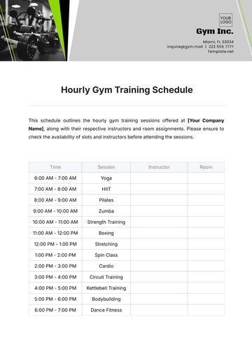 Free Hourly Gym Training Schedule Template to Edit Online