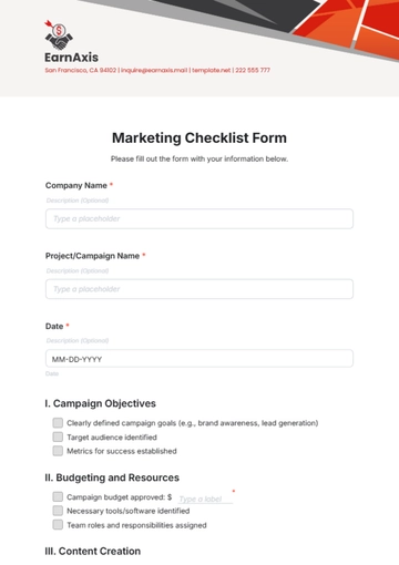 Free Marketing Checklist Form Template to Edit Online