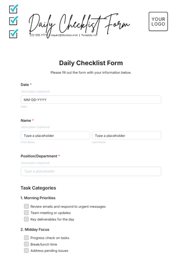 Free Daily Checklist Form Template to Edit Online