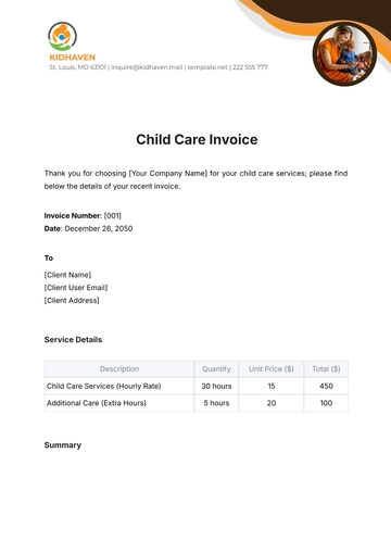 Free Child Care Invoice Template to Edit Online