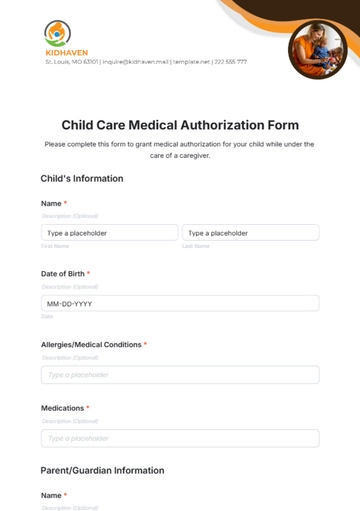 Free Child Care Medical Authorization Form Template to Edit Online