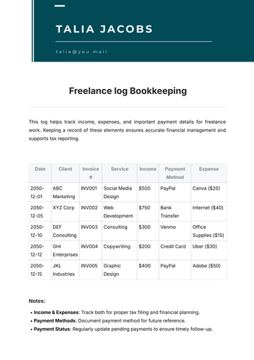 Free Freelance Bookkeeping Template to Edit Online