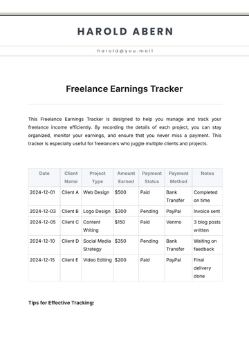 Free Freelance Earnings Tracker Template to Edit Online