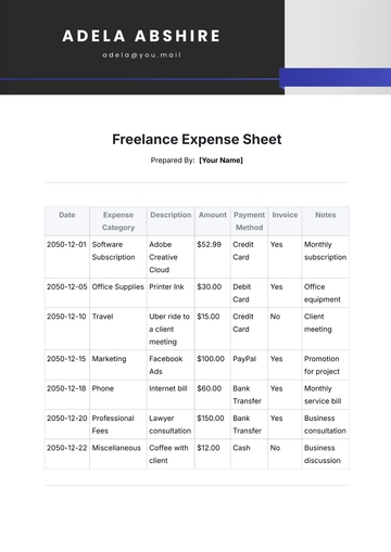 Free Freelance Expense Sheet Template to Edit Online