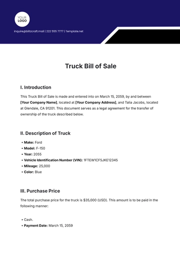 Free Truck Bill of Sale Template to Edit Online