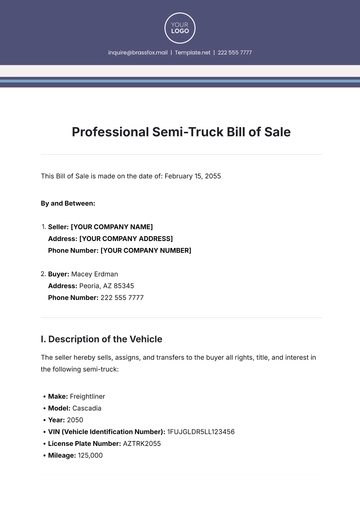 Free Professional Semi-Truck Bill of Sale Template to Edit Online