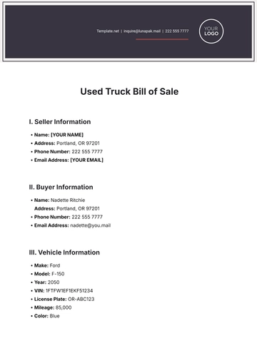 Free Used Truck Bill of Sale Template to Edit Online