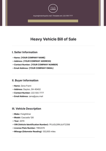 Free Heavy Vehicle Bill of Sale Template to Edit Online