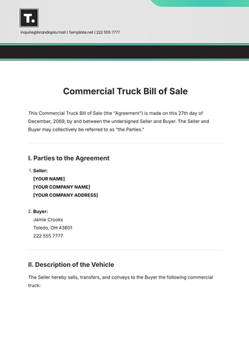 Free Commercial Truck Bill of Sale Template to Edit Online