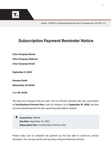 Free Subscription Payment Reminder Notice Template to Edit Online