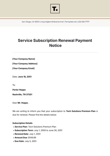 Free Service Subscription Renewal Payment Notice Template to Edit Online