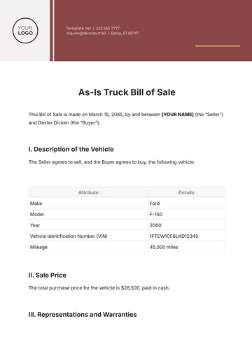 Free As-Is Truck Bill of Sale Template to Edit Online