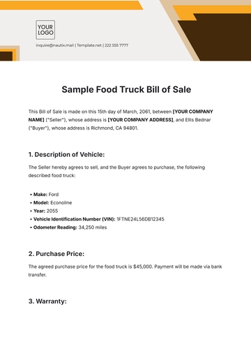 Free Sample Food Truck Bill of Sale Template to Edit Online