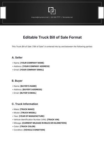 Free Editable Truck Bill of Sale Format Template to Edit Online