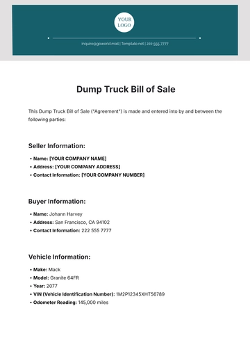 Free Dump Truck Bill of Sale Template to Edit Online