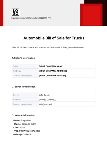 Free Automobile Bill of Sale for Trucks Template to Edit Online
