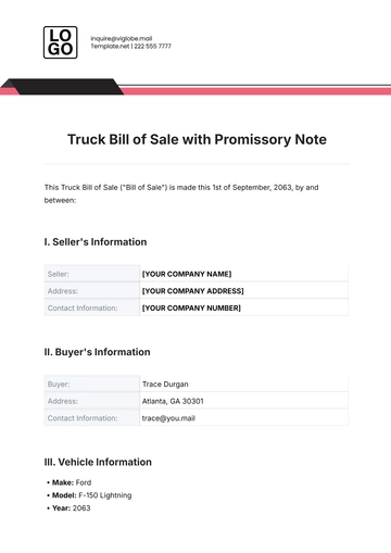 Free Truck Bill of Sale Template with Promissory Note to Edit Online