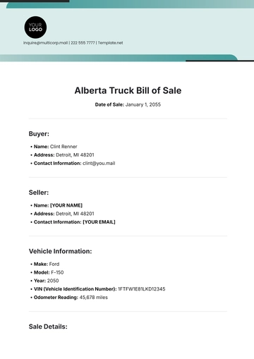 Free Alberta Truck Bill of Sale Template to Edit Online