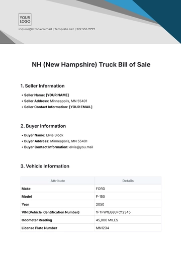 Free NH (New Hampshire) Truck Bill of Sale Template to Edit Online
