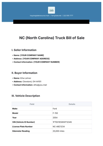 Free NC (North Carolina) Truck Bill of Sale Template to Edit Online