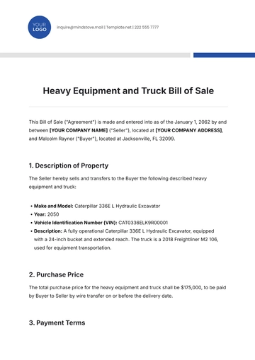 Free Heavy Equipment and Truck Bill of Sale Template to Edit Online
