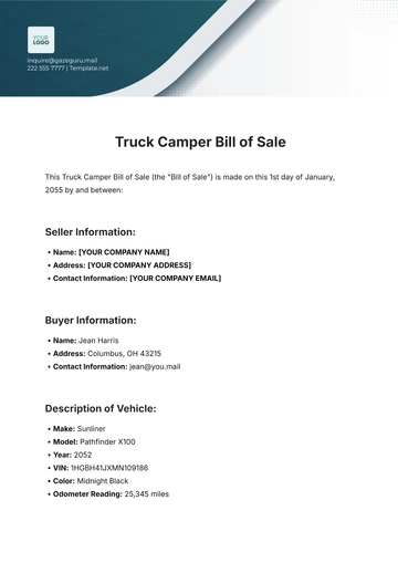 Free Truck Camper Bill of Sale Template to Edit Online