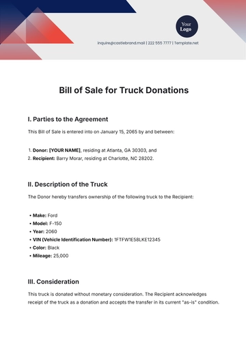 Free Bill of Sale Template for Truck Donations to Edit Online