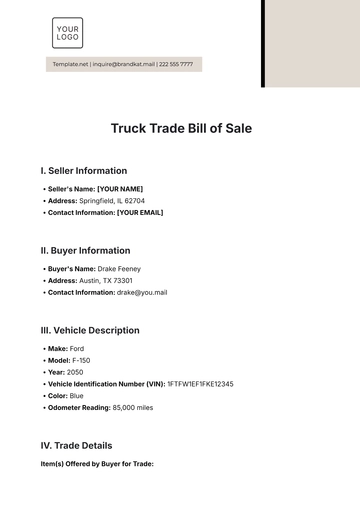 Free Truck Trade Bill of Sale Template to Edit Online