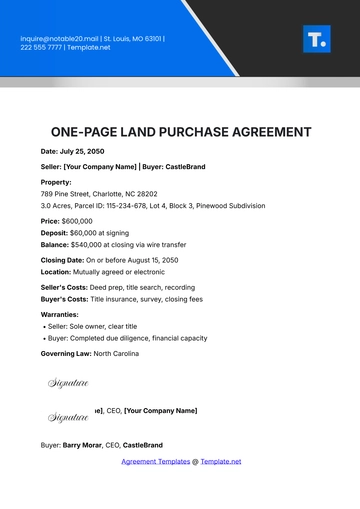 Free One-Page Land Purchase Agreement Template to Edit Online