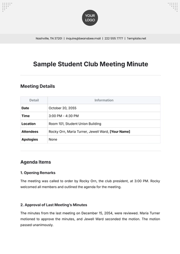 Free Sample Student Club Meeting Minute Template to Edit Online