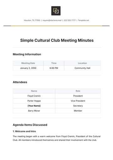 Free Simple Cultural Club Meeting Minutes Template to Edit Online