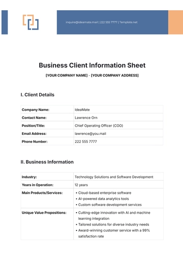 Free Business Client Information Sheet Template to Edit Online