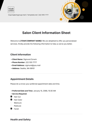 Free Salon Client Information Sheet Template to Edit Online