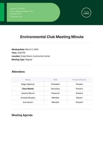 Free Environmental Club Meeting Minute Template to Edit Online