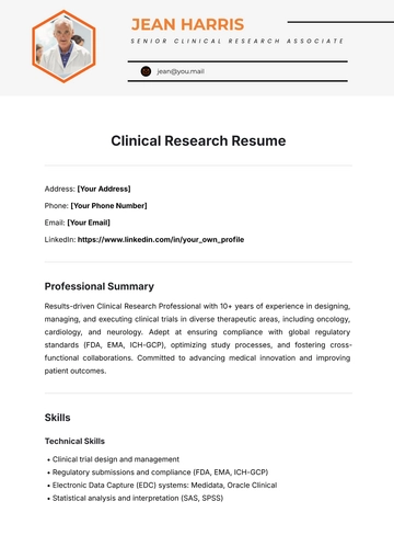Free Clinical Research Resume Template to Edit Online